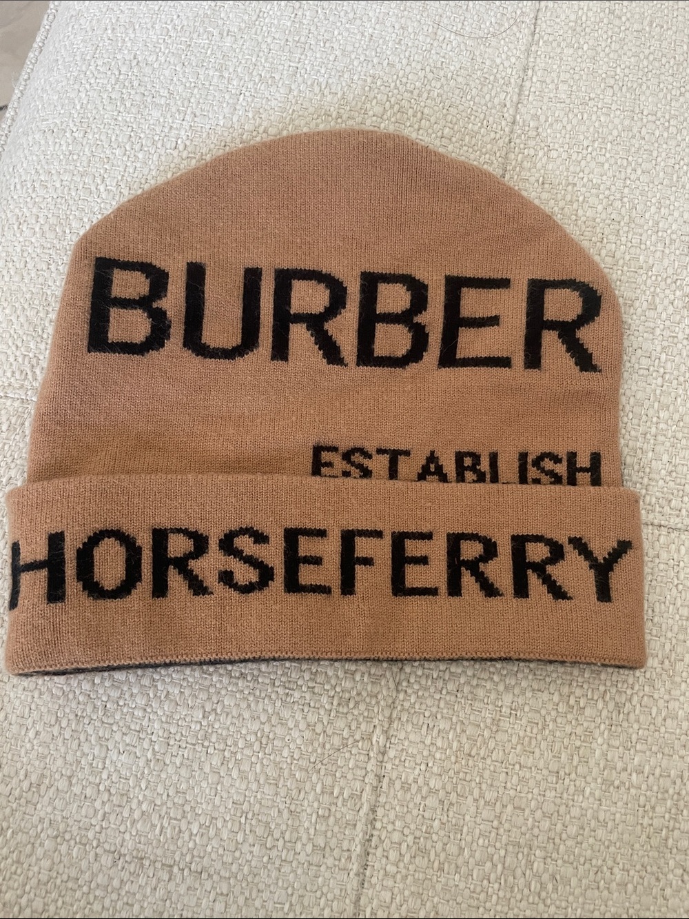 Burberry Tan Knit Beanie with Black Logo